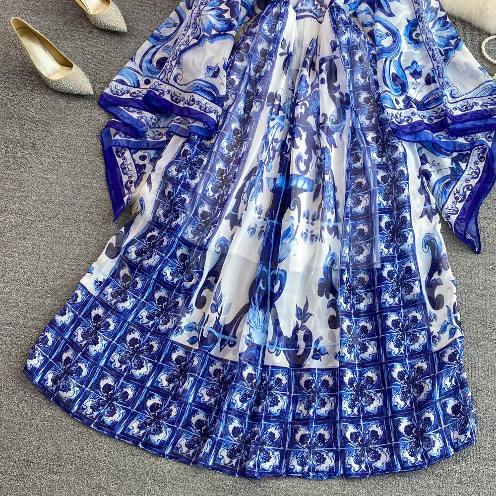 New Summer Bohemian Blue And White Porcelain Print Chiffon Dress Women Clothing O Neck Flare Sleeve Large Swing Maxi Vestidos