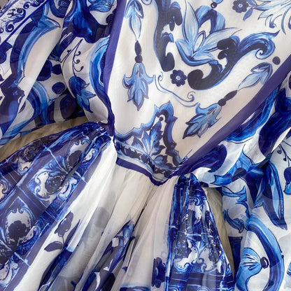New Summer Bohemian Blue And White Porcelain Print Chiffon Dress Women Clothing O Neck Flare Sleeve Large Swing Maxi Vestidos