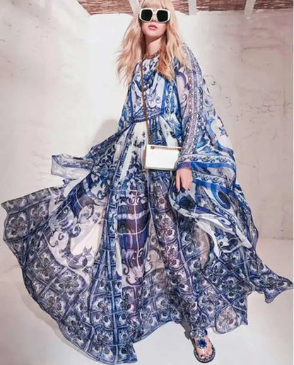 Women Maxi Chiffon Dress Summer Bohemian Rabbits Flower Porcelain Print Clothing Floor Length Flare Sleeve Long Vestidos