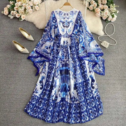 Women Maxi Chiffon Dress Summer Bohemian Rabbits Flower Porcelain Print Clothing Floor Length Flare Sleeve Long Vestidos