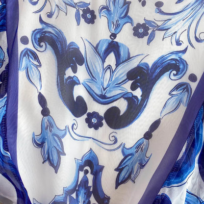 New Summer Bohemian Blue And White Porcelain Print Chiffon Dress Women Clothing O Neck Flare Sleeve Large Swing Maxi Vestidos