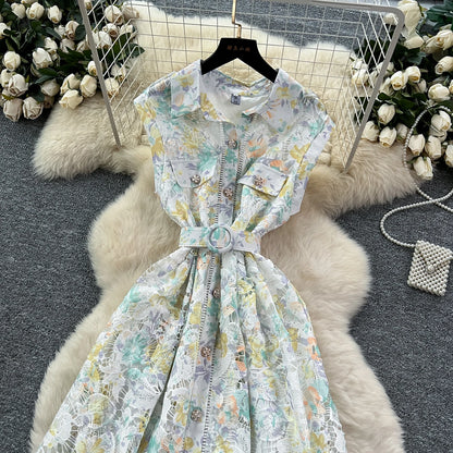 Vintage Hook flower hollow print button  High Waist Dress Chic Summer Beach Vestidos Women Long dress  women clothing