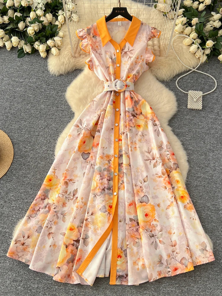 Summer Runway Gorgeous Bohemian Maxi Dress Women Clothing Flying Sleeve Single Breasted Floral Print Long Robe Party Vestidos