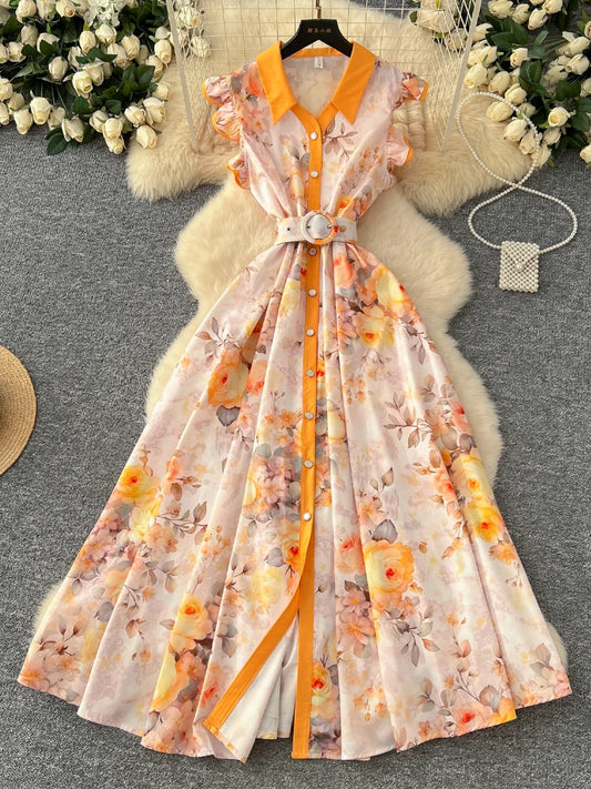 Summer Runway Gorgeous Bohemian Maxi Dress Women Clothing Flying Sleeve Single Breasted Floral Print Long Robe Party Vestidos
