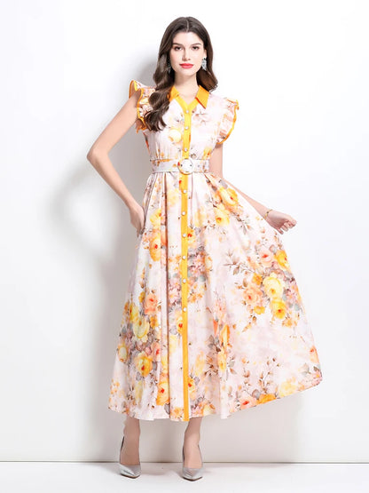 Summer Runway Gorgeous Bohemian Maxi Dress Women Clothing Flying Sleeve Single Breasted Floral Print Long Robe Party Vestidos