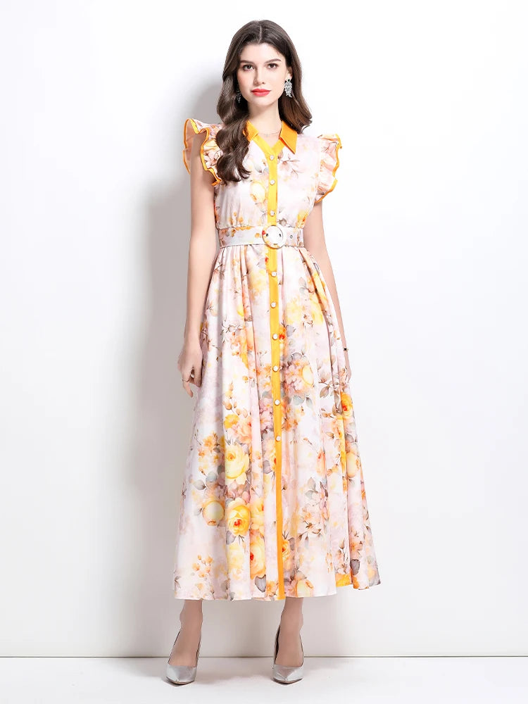 Summer Runway Gorgeous Bohemian Maxi Dress Women Clothing Flying Sleeve Single Breasted Floral Print Long Robe Party Vestidos