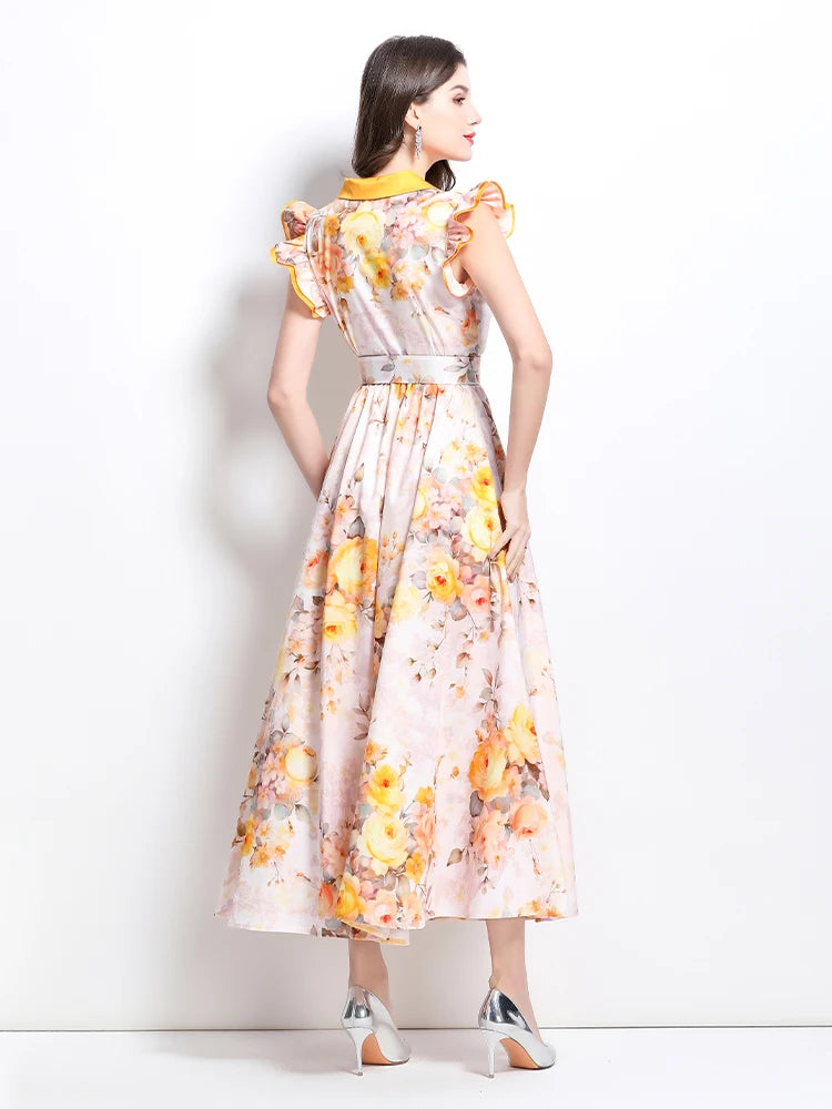 Summer Runway Gorgeous Bohemian Maxi Dress Women Clothing Flying Sleeve Single Breasted Floral Print Long Robe Party Vestidos