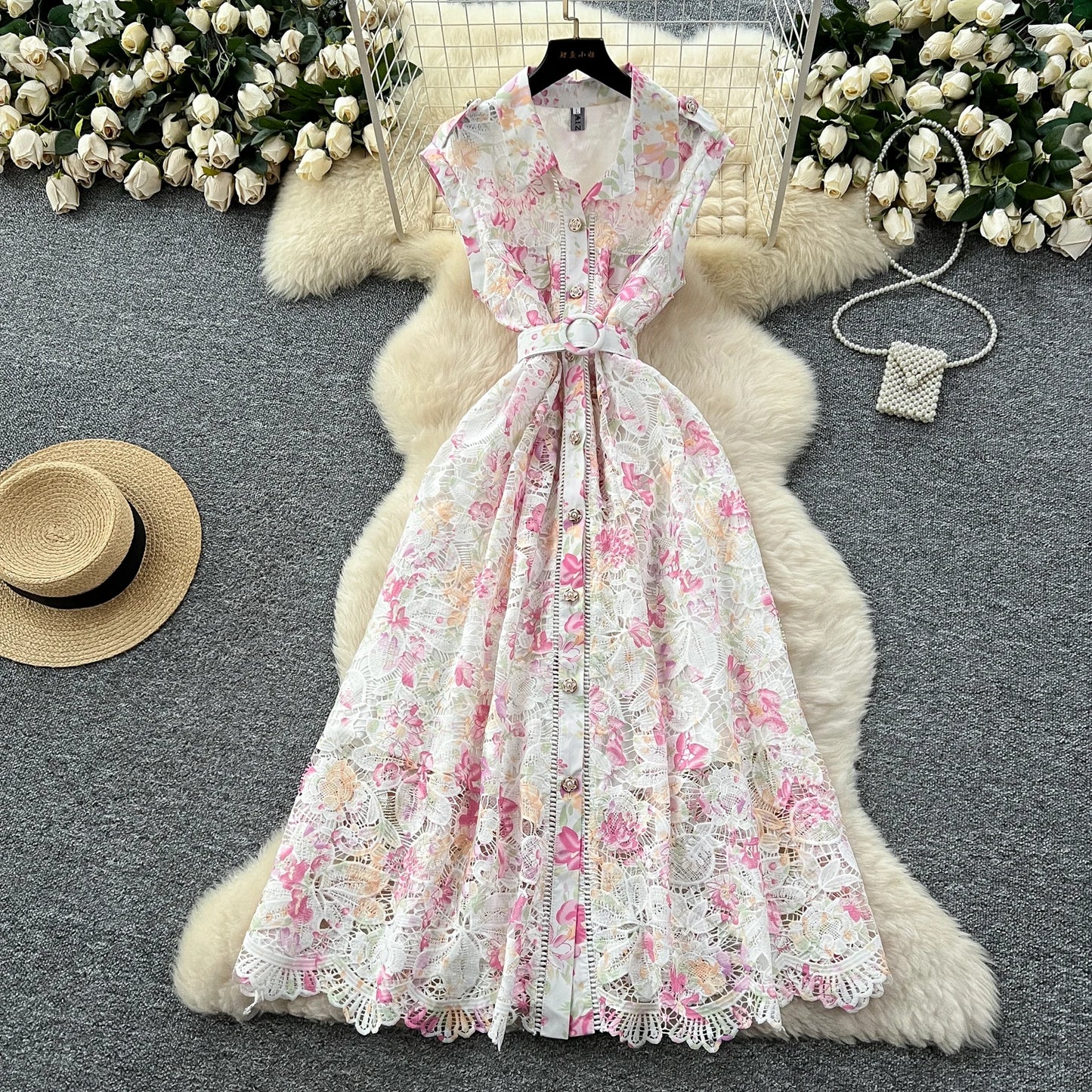 Vintage Hook flower hollow print button  High Waist Dress Chic Summer Beach Vestidos Women Long dress  women clothing