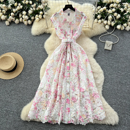Vintage Hook flower hollow print button  High Waist Dress Chic Summer Beach Vestidos Women Long dress  women clothing