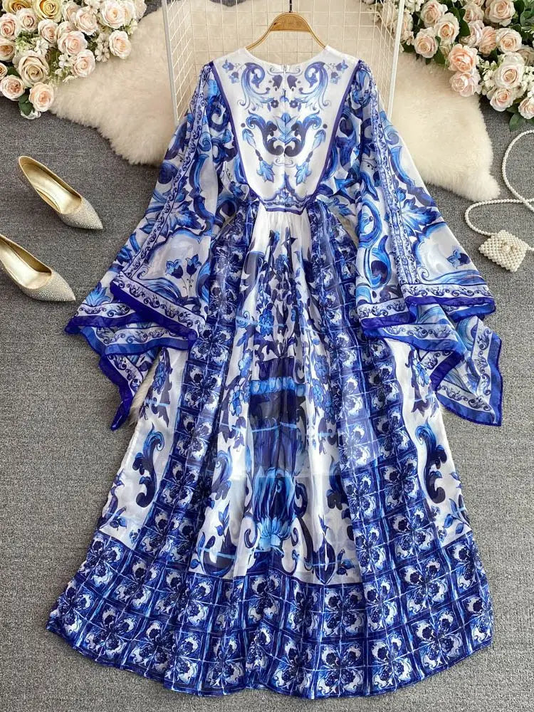 New Summer Bohemian Blue And White Porcelain Print Chiffon Dress Women Clothing O Neck Flare Sleeve Large Swing Maxi Vestidos