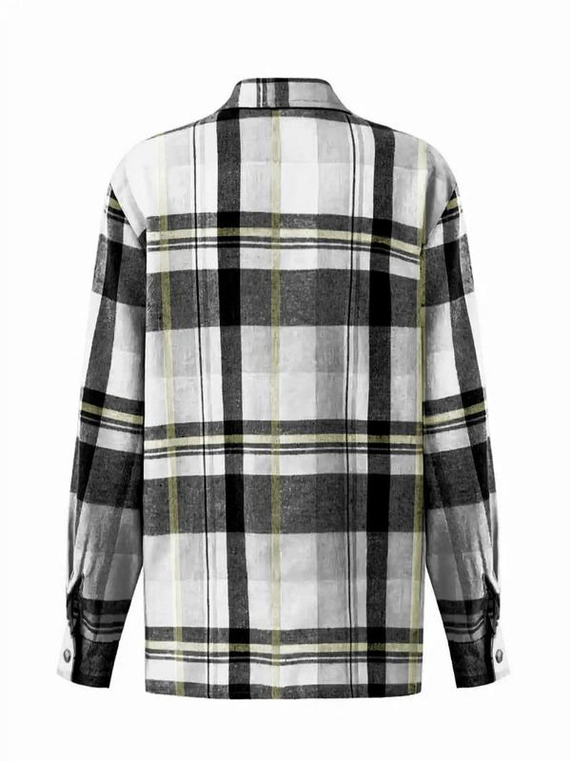 Women'S Plaid Print Button Front Drop Shoulder Collared Shirt for Spring & Fall, Comfort Casual Chic Minimalist Longsleeves Womenswear, Collar Pocket Top, Lady Blouse, Clothes for Women, Trending Clothing Women