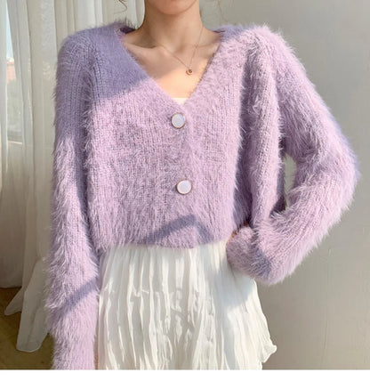 2023 Autumn New Mink Fleece Jacket Knit Sweater Wool Outer Wear Purple Sweater Cardigan Women Short Style