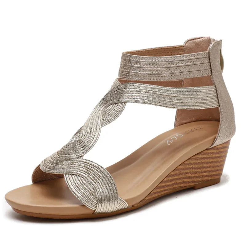 Summer Sandals Women Wedges Shoes Soft Leather T Strap Zipper Open Cover Heel Design Ladies Shoes Female Large plus Size