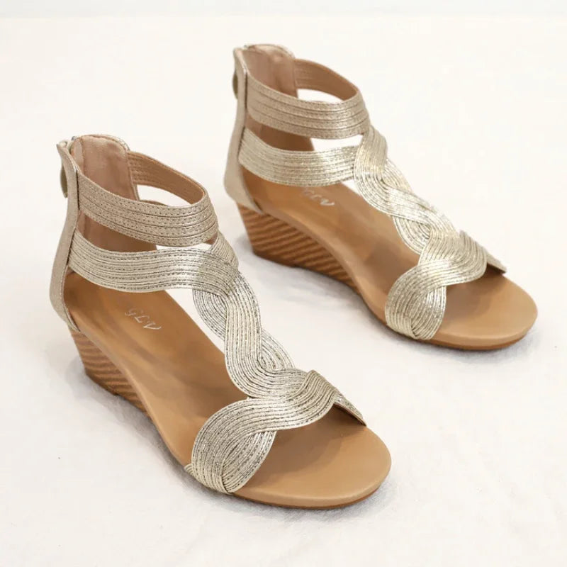 Summer Sandals Women Wedges Shoes Soft Leather T Strap Zipper Open Cover Heel Design Ladies Shoes Female Large plus Size