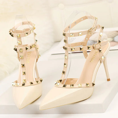 2023 Summer Women 9Cm High Heels Rivets Sandals Designer Suede Nude Purple Stiletto Heels Gladiator Sandals Lady Studded Shoes