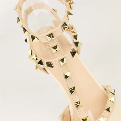 2023 Summer Women 9Cm High Heels Rivets Sandals Designer Suede Nude Purple Stiletto Heels Gladiator Sandals Lady Studded Shoes