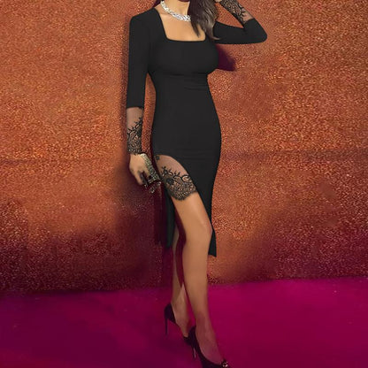 CHICME Square Neck Long Sleeve Eyelash Lace Patchwork Slit Evening Dress Asymmetrical Hem Slim Fit Dress