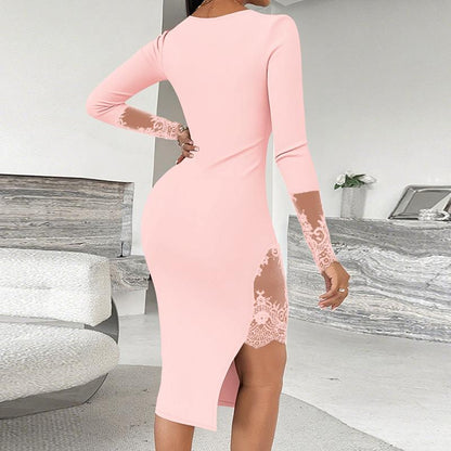 CHICME Square Neck Long Sleeve Eyelash Lace Patchwork Slit Evening Dress Asymmetrical Hem Slim Fit Dress